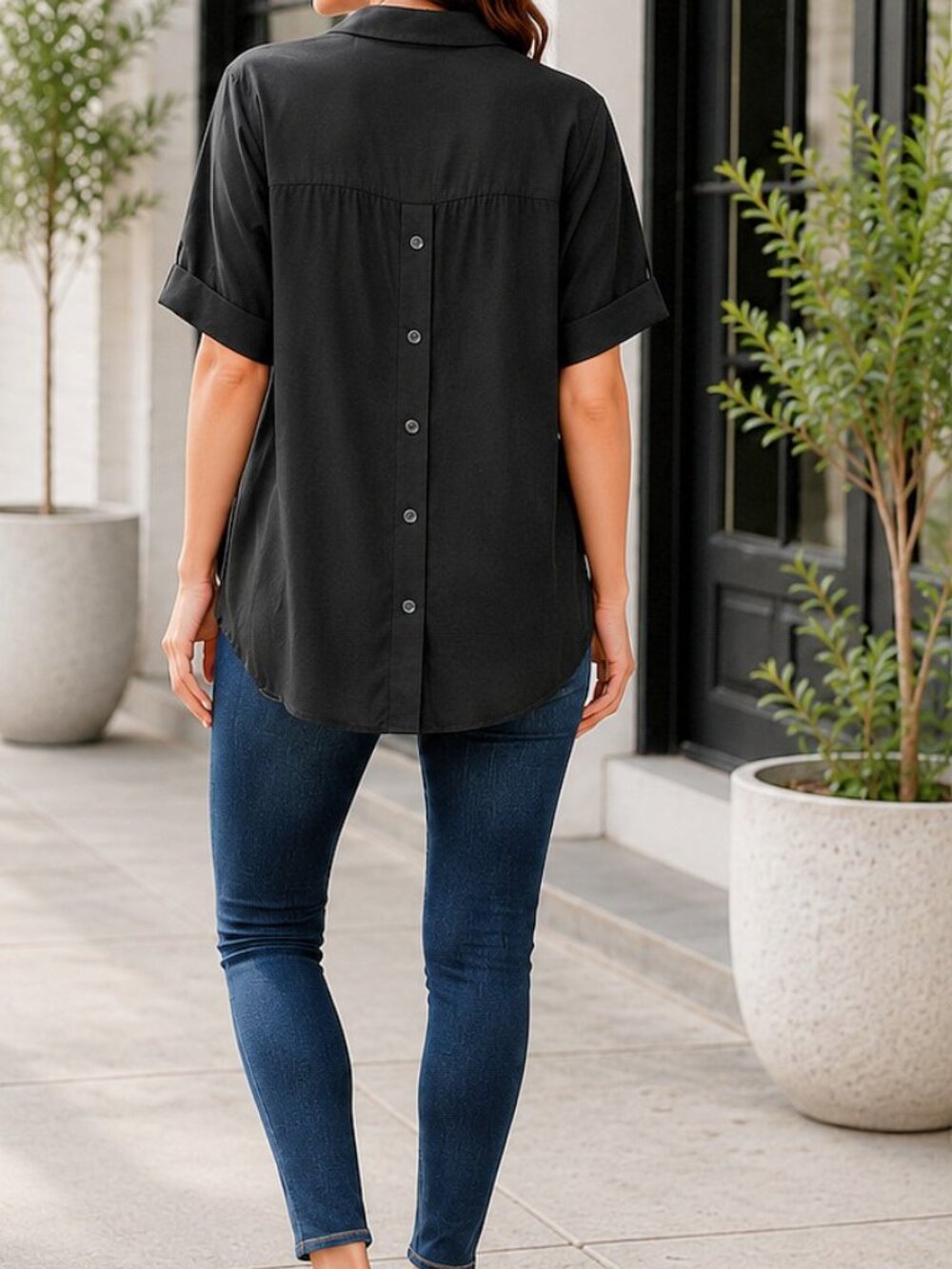 LUSH Black Collared V-Neck Blouse 100% Rayon High Low Back Button Shirt - XL/2XL - Picture 3 of 7